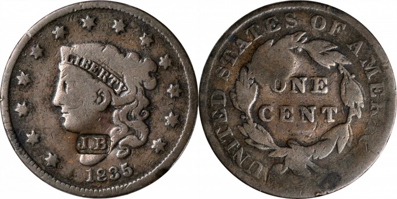 Counterstamps

J.B in a box punch on an 1835 Matron Head large cent. Brunk B-5...