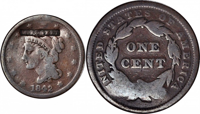 Counterstamps

W. BOGERT in a box punch on an 1842 Braided Hair large cent. Br...