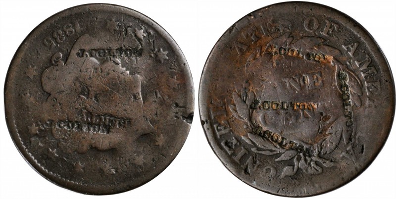 Counterstamps

J. Colton six times on an 1835 Matron Head large cent. Brunk-Un...