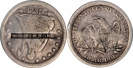 Counterstamps

W.H. HAMMOND in a serrated box punch on an 1854 Liberty Seated quarter. Brunk H-177, Rulau-Unlisted. Host coin Fine to Very Fine. 
...