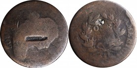 Counterstamps

MOULTON in a serrated box punch counterstamped on the obverse and a (circle with X) on an 1802 Draped Bust large cent. Brunk M-941, R...