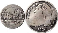 Counterstamps

(M)UNSO(N). in a serrated box punch on an 1834 Capped Bust dime, JR-7. Brunk-Unlisted, Rulau-Unlisted. Host coin Fine. 

Currently ...