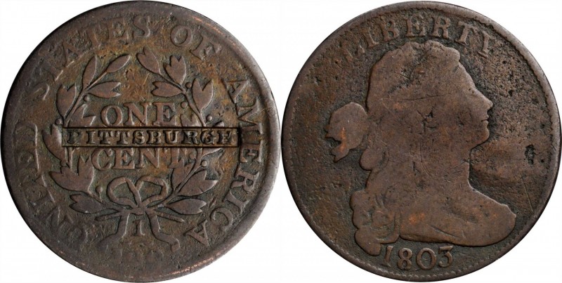 Counterstamps

PITTSBURGH in a box punch on an 1803 Draped Bust large cent. Br...