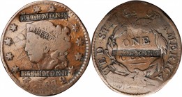 Counterstamps

RICHMOND three times in a box punch on an 1819 Matron Head large cent. Brunk R-270, Rulau-Unlisted. Host coin Very Fine. 

Franklin...