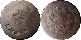 Counterstamps

ROGERS SMITH / & CO. / HARTFORD / CONN (in a shield) / E.V & CO. on a 1800s Draped Bust large cent. Brunk P-471, Rulau-Unlisted. Host...