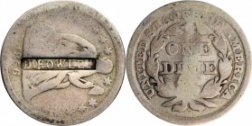 Counterstamps

D. ROWLEY in a box punch on an 1856 Liberty Seated dime. Brunk-Unlisted, Rulau-Unlisted. Host coin Very Good. 

D. Rowley was silve...