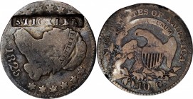Counterstamps

STICKLER in a box punch counterstamped on an 1825 Capped Bust dime, JR-2. Brunk S-969, Rulau-NY 800. Host coin Fine. 

John Stickle...