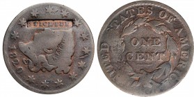 Counterstamps

STICKLER in a box punch counterstamped on an 1820 Matron Head large cent. Brunk S-969, Rulau-NY 800. Host coin Fine.

John Stickler...