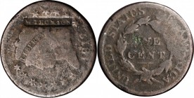 Counterstamps

W. THOMSON in a box punch on an 1819 Matron Head large cent. Brunk T-236, Rulau-E NY-900. Host coin Good. 

There is a William Thom...