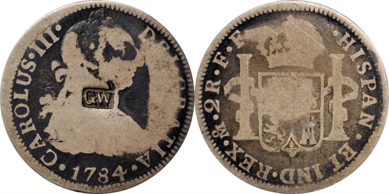 Counterstamps

GW in a box punch on a 1784-Mo-FF Mexican 2 Reales. Brunk W-27,...