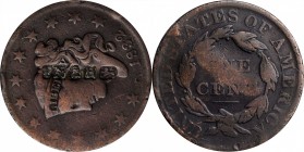 Counterstamps

PN / (HEAD / H / (LION) in box punches on an 1832 Matron Head large cent. Brunk-Unlisted, Rulau-Unlisted. Host coin Fine.

These ar...