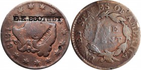 Counterstamps

E.K. BOOTHBY on an 1818 Matron Head large cent. Brunk B-879, Rulau ME-Po-5. Host coin Very Good. 

Edward K. Boothby (1819-1899) wa...