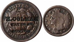 Counterstamps

H. COLMAN / WATER ST. / BOSTON on an 1854 Braided Hair large cent. Brunk C-750 var., Rulau-Mass 502 var. Host coin Good.

Although ...
