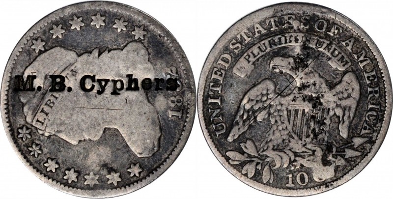 Counterstamps

M.B. CYPHERS on an 1832 Capped Bust dime, JR-6. Brunk C-1198, R...