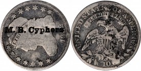 Counterstamps

M.B. CYPHERS on an 1832 Capped Bust dime, JR-6. Brunk C-1198, Rulau ME-Sk 1A. Host coin Very Good. 

Melvin B. Cyphers (1837-1918) ...