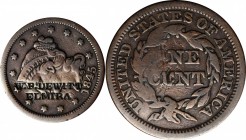 Counterstamps

W.P. DEWITT / ELMIRA on an 1845 Braided Hair large cent. Brunk D-330, Rulau-NY 2026. Host coin Fine. 

According to Brunk, William ...