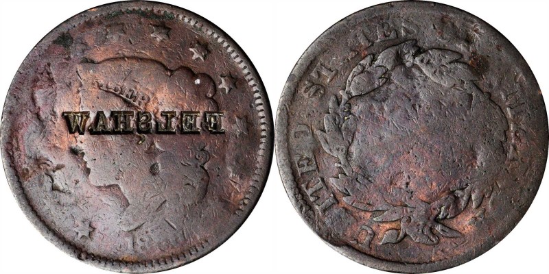 Counterstamps

FELSHAW (retrograde) on a 1830s Matron Head large cent. Brunk-U...