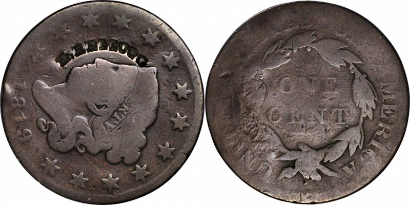 Counterstamps

E. KELLOGG (curved) on an 1819 Matron Head large cent. Brunk K-...