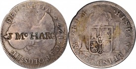 Counterstamps

J McHARG on a 1773-LM-JM Peruvian 2 Reales. Brunk M-442, Rulau NY-Rm 8. Host coin Good. 

Both Brunk and Rulau attribute this stamp...