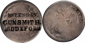 Counterstamps

McKENNY. / GUNSMITH. / BIDDEFORD counterstamped on an 1854 Liberty Seated quarter. Brunk M-471, Rulau-ME 2D var. Host coin About Good...