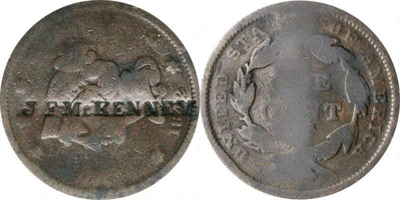 Counterstamps

J.F. McKENNY counterstamped on an 1842 Braided Hair large cent....