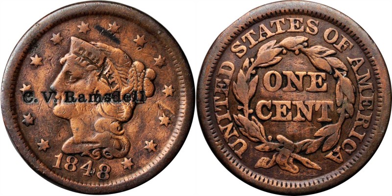 Counterstamps

C.V. RAMSDELL on an 1848 Braided Hair large cent. Brunk R-64, R...