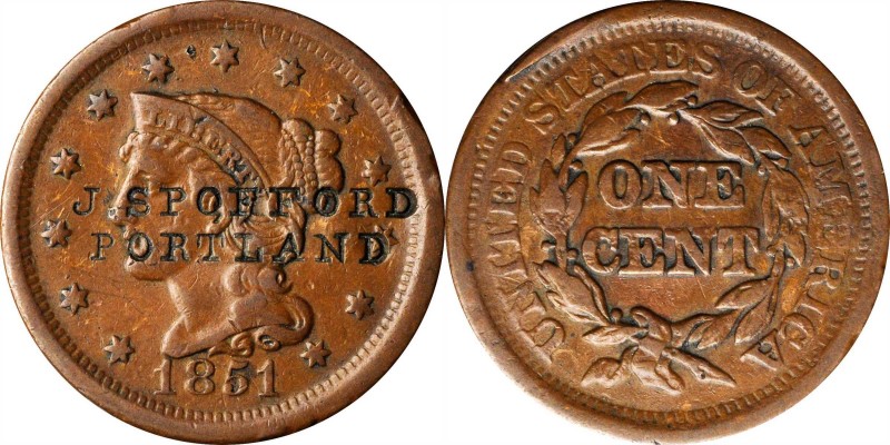 Counterstamps

J. SPOFFORD / PORTLAND on an 1851 Braided Hair large cent. Brun...