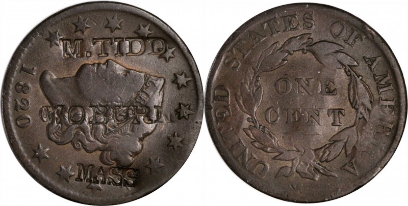 Counterstamps

M. TIDD / WOBURN / MASS on an 1820 Matron Head large cent. Brun...
