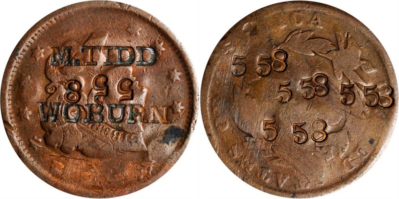 Counterstamps

M. TIDD / 558 / WOBURN on the obverse and 558 six times on an 1...