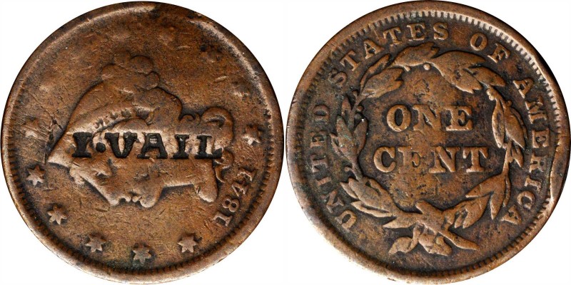 Counterstamps

I. VAIL on an 1841 Matron Head large cent. Brunk V-20, Rulau-Un...