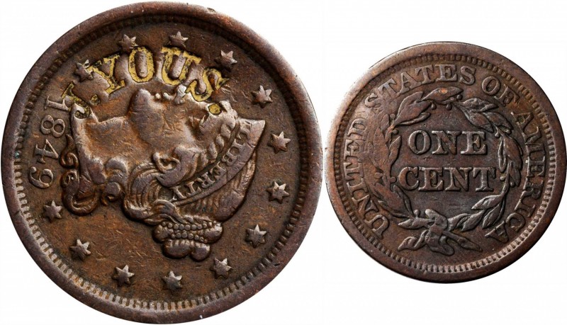 Counterstamps

J. YOUS. (curved) on an 1849 Braided Hair large cent. Brunk Y-6...
