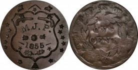 Counterstamps

(GUNS) / M.J.P. / 1855 on a (SHIELD) surrounded by (STARS) counterstamped on the planed down obverse of a 1840s Braided Hair large ce...
