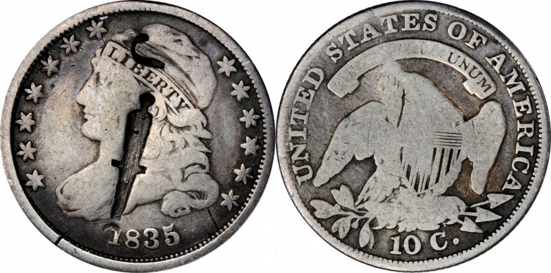Counterstamps

J (CANNON) on an 1835 Capped Bust dime. Brunk I-1, Rulau B-452....