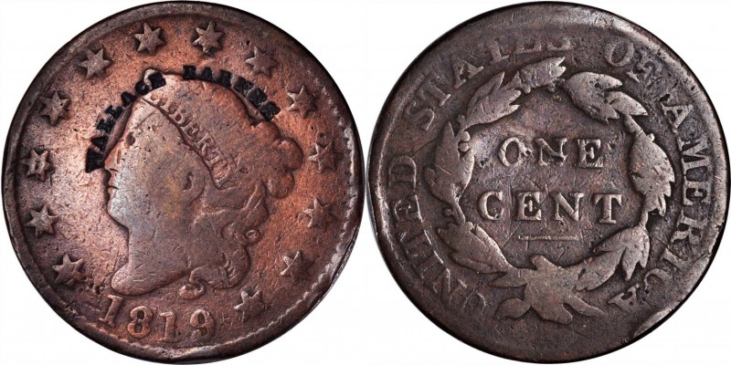 Counterstamps

WALLACE BARNES (curved) on an 1819 Matron Head large cent. Brun...