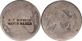 Counterstamps

A.P. BOYNTON on an 1835 Capped Bust dime. Brunk B-993, Rulau IL-Ch B2. Host coin About Good. 

Andrew Parker Boynton (d.1906) was a...