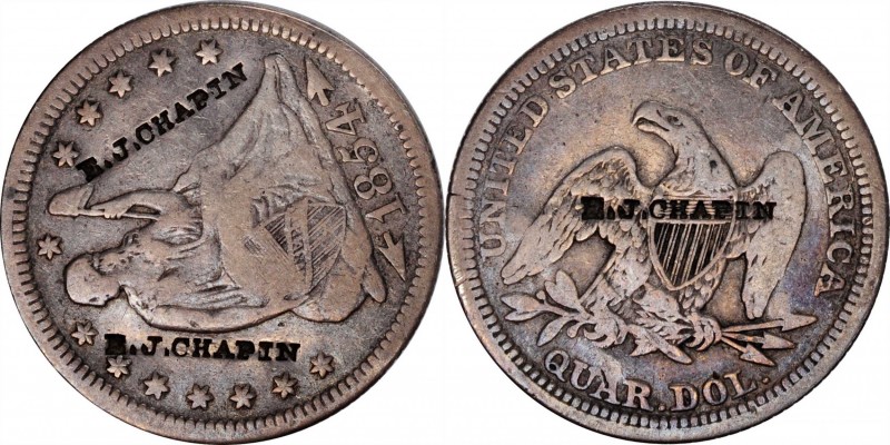 Counterstamps

E.J. CHAPIN three times on an 1854 Liberty Seated quarter. Brun...