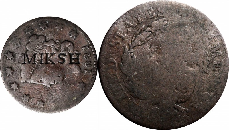 Counterstamps

J. MIKSH on an 1821 Matron Head large cent. Brunk-Unlisted, Rul...