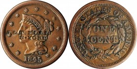 Counterstamps

J. & T. ELLIN / N-YORK on an 1845 Braided Hair large cent. Brunk E-119, Rulau-Unlisted. Host coin Very Fine. 

James & Thomas Ellin...