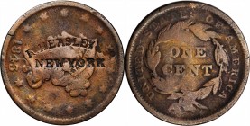 Counterstamps

R. HEASLEY & CO. (curved) / NEW YORK on an 1843 Braided Hair large cent. Brunk H-437, Rulau NY-2202. Host coin Very Good. 

Robert ...