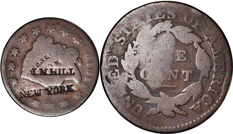 Counterstamps

J.M. HILL / NEW YORK on an 1819 Matron Head large cent. Brunk H...