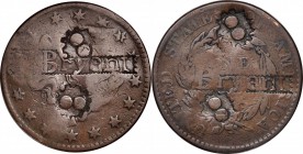Counterstamps

(gear) / (P.) BRYANT / (gear) counterstamped in serrated box punches on both sides of an 1840s Braided Hair large cent. Brunk-Unliste...