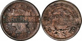 Counterstamps

S.R. CHASE in a serrated box punch on an 1847 Braided Hair large cent. Brunk-Unlisted, Rulau-Unlisted. Host coin Very Good, but corro...