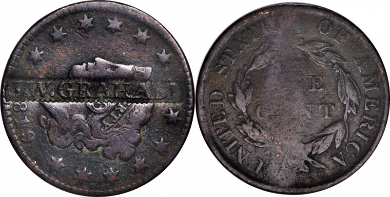 Counterstamps

J.W. GRAHAM in a serrated box punch on an 1819 Matron Head larg...