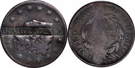 Counterstamps

J.W. GRAHAM in a serrated box punch on an 1819 Matron Head large cent. Brunk G-445, Rulau-Unlisted. Host coin Fine. 

As with previ...