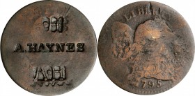 Counterstamps

A.H / A. HAYNES / A.H on a 1795 Liberty Capped large cent. Brunk H-409 var., Rulau-Unlisted. Host coin Good.

These are most likely...