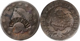 Counterstamps

I. HARSH in a curved serrated box punch on an 1829 Matron Head large cent. Brunk-Unlisted, Rulau-Unlisted. Host coin Very Good, with ...