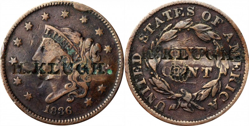 Counterstamps

H. KLUGH on an 1836 Braided Hair large cent. Brunk K-274, Rulau...