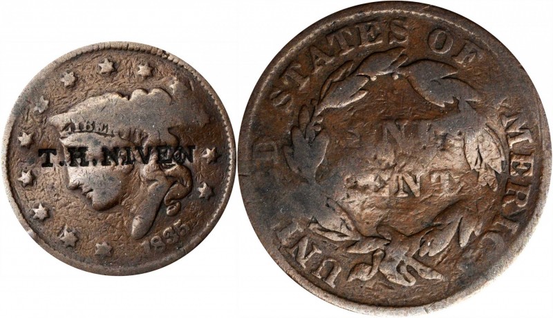 Counterstamps

T.H. NIVEN on an 1835 Braided Hair large cent. Brunk N-173, Rul...