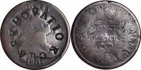 Counterstamps

HORATIO K. CLARK (curved in a circle) on an 1807 Draped Bust large cent. Brunk C-521, Rulau-Unlisted. Host coin Very Good. 

An int...