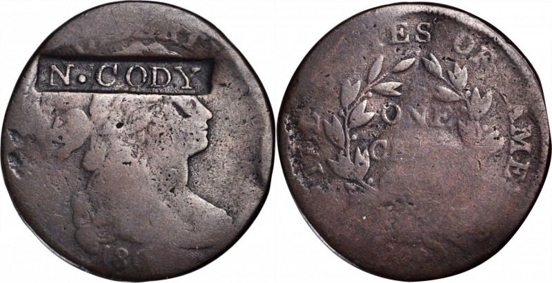 Counterstamps

N. CODY in a box punch on a 1800s Draped Bust large cent. Brunk...